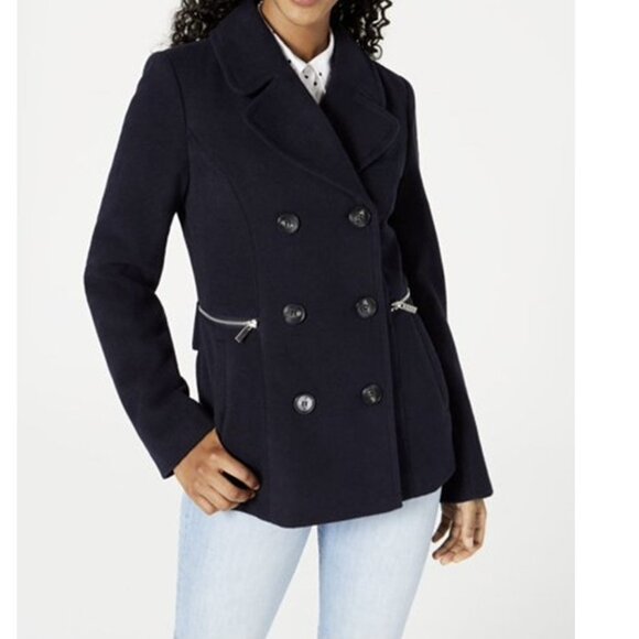 MARALYN & ME New Navy Pocketed Buttoned Zip Moto Peacoat Military Jacket Coat - Picture 1 of 12